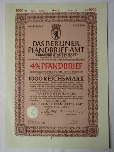 1000 Reichsmark Pfandbrief Berliner Pfandbrief-Amt 1. Oktober 1942 (111334)