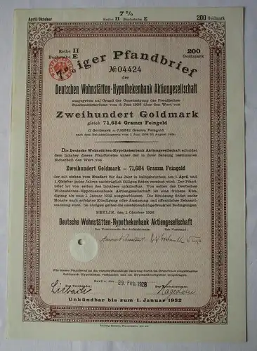 200 Goldmark Pfandbrief Deutsche Wohnstätten-Hypothekenbank Berlin 1926 (111418)