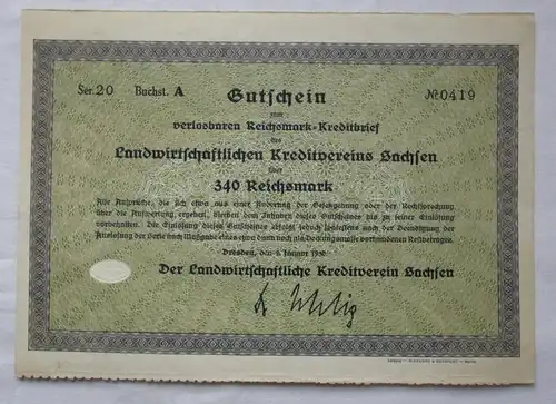 340 RM Kreditbrief Landwirtschaftlicher Kreditverein Sachsen 1930 (124363)