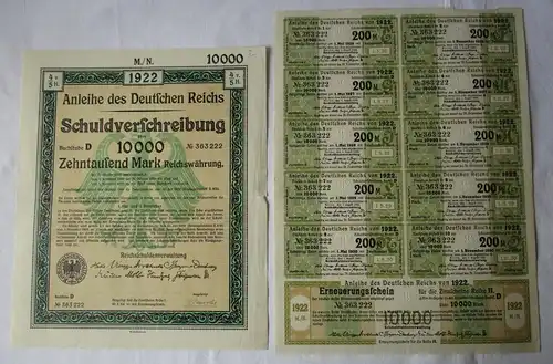10000 Mark Aktie Schuldverschreibung deutsches Reich Berlin 01.08.1922 (110647)