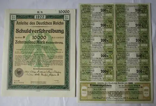 10000 Mark Aktie Schuldverschreibung deutsches Reich Berlin 01.08.1922 (121053)