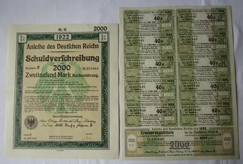 2000 Mark Aktie Schuldverschreibung deutsches Reich Berlin 01.08.1922 (128793)