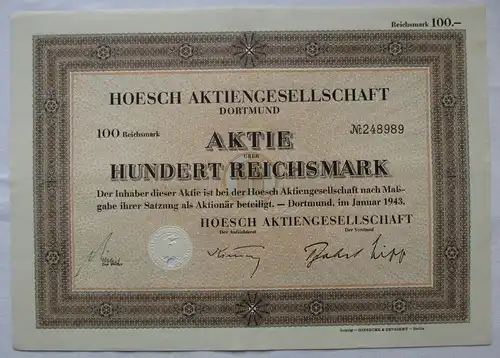 100 Reichsmark Aktie Hoesch AG Dortmund Januar 1943 (153673)