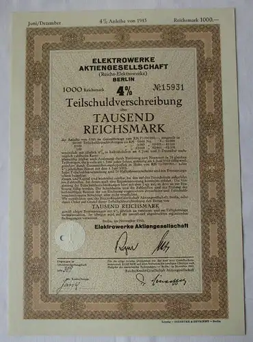 1000 Reichsmark Aktie Elektrowerke AG Berlin November 1943 (155958)