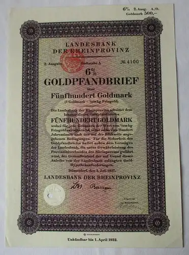 500 Goldmark Pfandbrief Landesbank der Rheinprovinz Düsseldorf 1927 (155129)