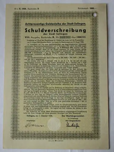 1000 RM Schuldverschreibung Goldanleihe Stadt Solingen 1. Oktober 1928 (151816)