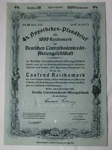 1000 Reichsmark Pfandbrief Deutsche Centralbodenkredit AG Berlin 1941 (153152)