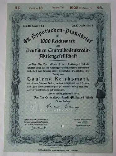 1000 Reichsmark Pfandbrief Deutsche Centralbodenkredit AG Berlin 1940 (129168)