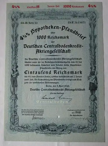 1000 Reichsmark Pfandbrief Deutsche Centralbodenkredit AG Berlin 1940 (143986)