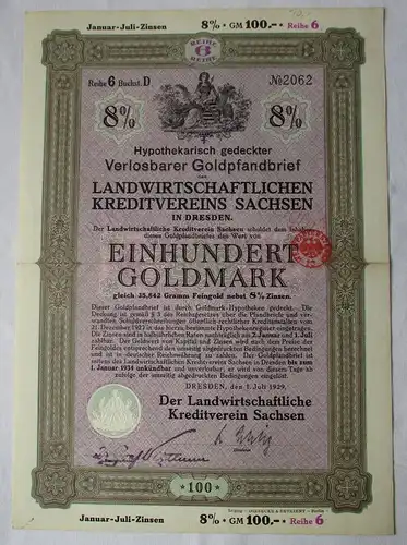 100 Goldmark Pfandbrief Landwirtschaftlicher Kreditverein Sachsen 1929 (120872)