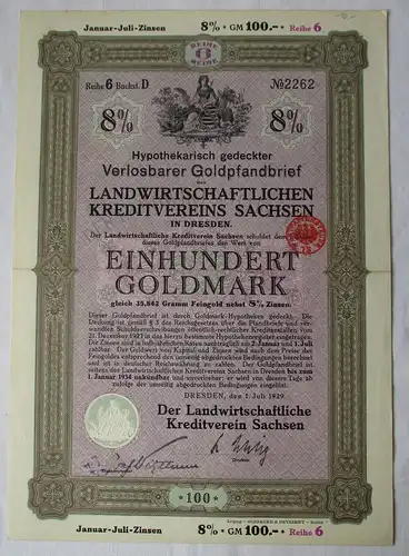 100 Goldmark Pfandbrief Landwirtschaftlicher Kreditverein Sachsen 1929 (123879)