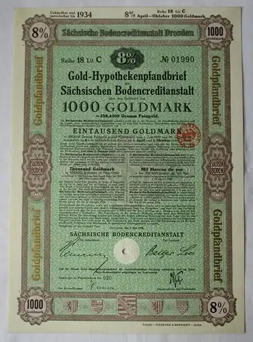 1000 Goldmark Pfandbrief Sächsische Bodencreditanstalt Dresden 9.5.1928 (123552)