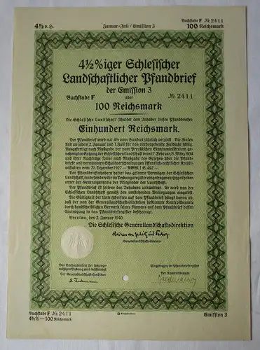 100 Reichsmark Schlesischer Landschaftlicher Pfandbrief Breslau 1940 (124341)