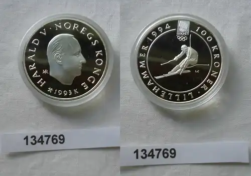 100 Kronen Silber Münze Norwegen Olympiade 1994 Slalomfahrer 1993 (134769)
