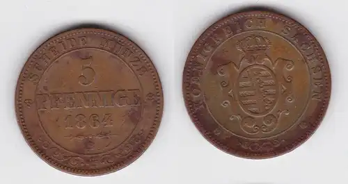 5 Pfennig Kupfer Münze Sachsen 1864 B ss (143087)