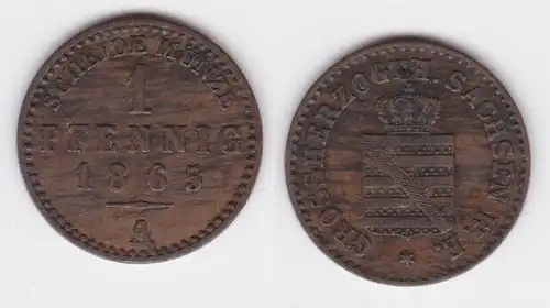 1 Pfennig Kupfer Münze Sachsen Weimar Eisenach 1865 A f.vz (142887)