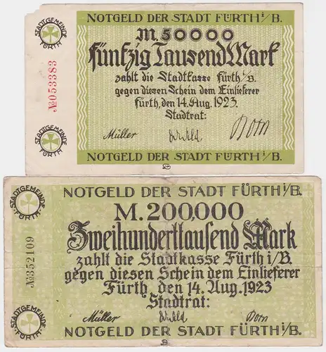 50 & 200 Tausend Mark Banknoten Stadt Fürth i.B. 14.8.1923 (120492)