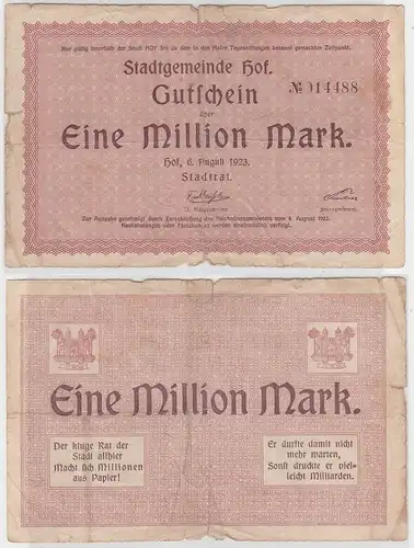 1 Million Mark Banknote Inflation Stadtgemeinde Hof 6.August 1923 (110889)