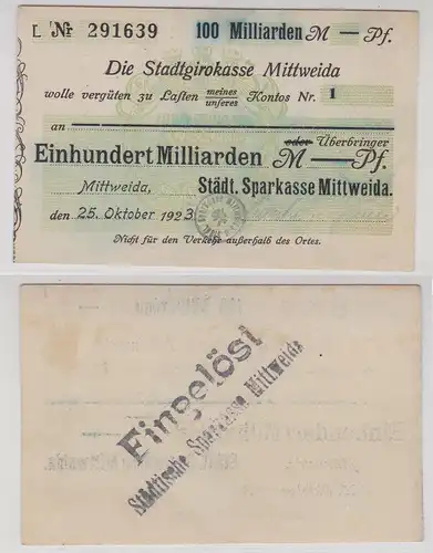 100 Milliarden Mark Banknote Stadtgirokasse Mittweida 25.10.1923 (123700)