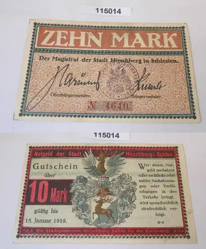 10 Mark Banknote Notgeld Stadt Hirschberg in Schlesien gültig 15.1.1919 (115014)