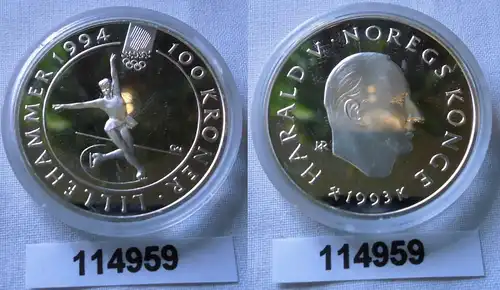 100 Kronen Silber Münze Norwegen Olympiade 1994 Eiskunstlauf 1993 (114959)