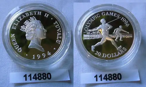 20 Dollar Silber Münze Tuvalu Olympiade 1996 Atlanta Speerwerfen 1994 (114880)