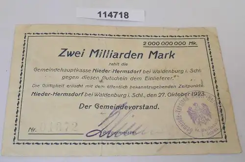 2 Milliarden Mark Banknote Inflation Nieder Hermsdorf bei Waldenburg  (114718)