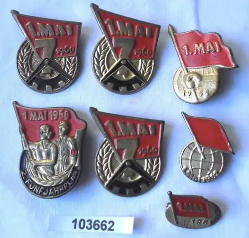 7 alte DDR Blech Abzeichen 1.Mai 1955, 1956, 1960, 1961, 1962 (103662)
