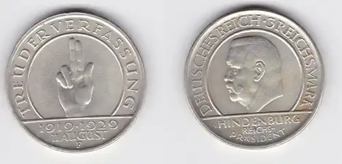 Silber Münze 3 Mark Verfassung "Schwurhand" 1929 F vz (156189)