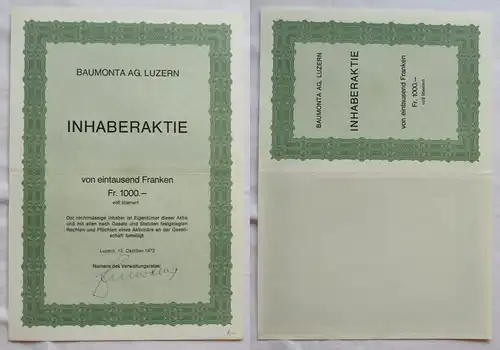 1.000 Franken Inhaber-Aktie Baumonta AG Luzern 12.10.1972 (141824)