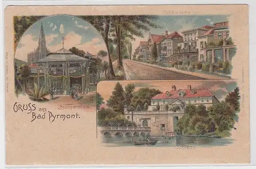 52944 Lithographie Ak Gruss aus Bad Pyrmont - Brunnenplatz, Schloss, Schlossstr.