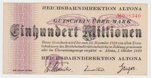 100 Millionen Mark Banknote Reichsbahndirektion Altona 1.10.1923 (119421)