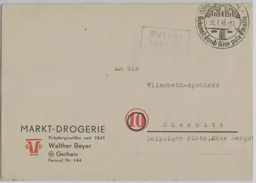 79967 Reklame Briefumschlag Geithain Walther Beyer Markt Drogerie 1945