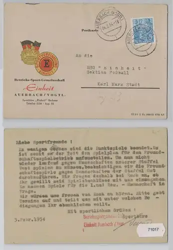 71017 Postkarte Betriebssport Gemeinschaft Einheit Auerbach im Vogtland 1954