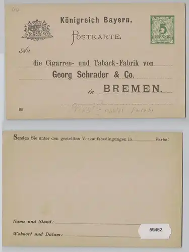 59452 Ganzsachen Postkarte P44/05 Königreich Bayern 5 Pfennig pr.Zudruck Bremen