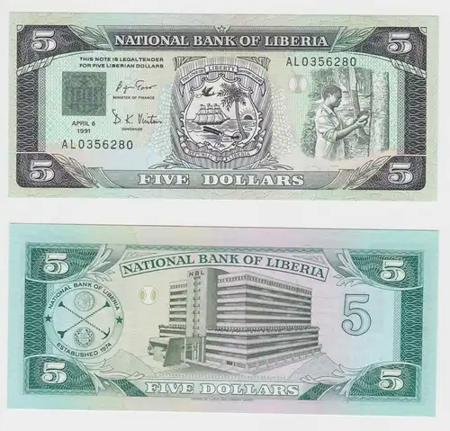 5 Dollar Banknote Liberia 1991 bankfrisch UNC Pick 20 (151781)