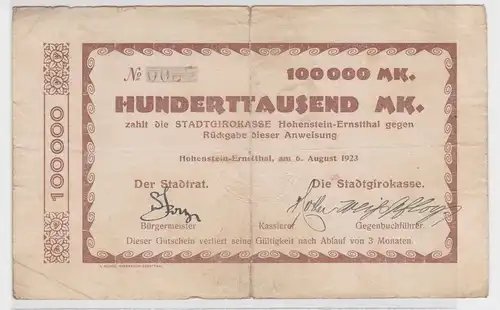 100000 Mark Banknote Hohenstein Ernstthal 6.August 1923 (143478)