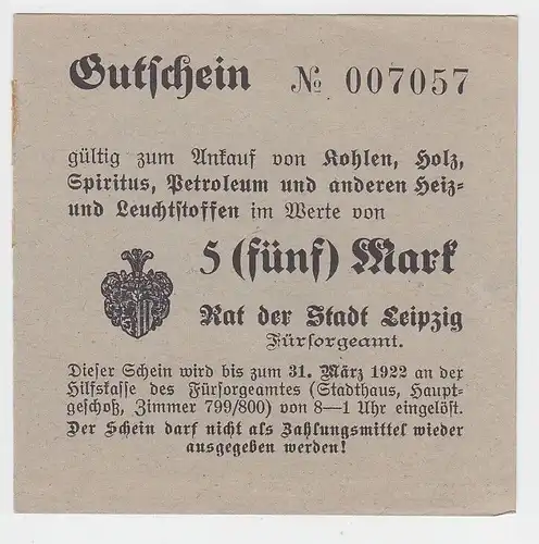 5 Mark Kohle Holz Gutschein Stadt Leipzig 31.März 1923 (120450)