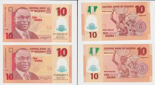 2x 10 Naira Banknote Central Bank of Nigeria 2009 Pick 33d kassenfrisch (153492)