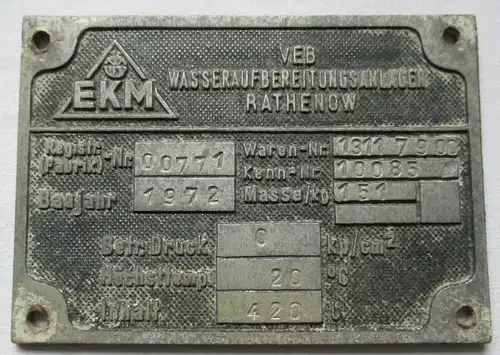 Typen Reklame Metall Plakette VEB Wasseraufbereitungsanlagen Rathenow (119355)