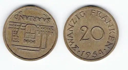 20 Franken Messing Münze Saarland 1954 vz (122515)