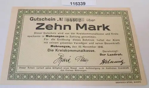 10 Mark Banknote Notgeld Kreis Mohrungen 10.November 1918 (115339)