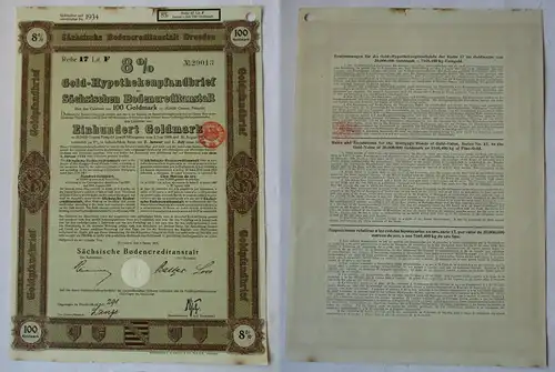 100 Goldmark Pfandbrief Sächsische Bodencreditanstalt Dresden 4.01.1928 (129389)