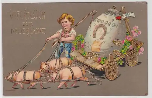95595 Neujahrs Ak Kind lenkt Fuhrwerk mit Schweinen mit Geldsack darauf 1909