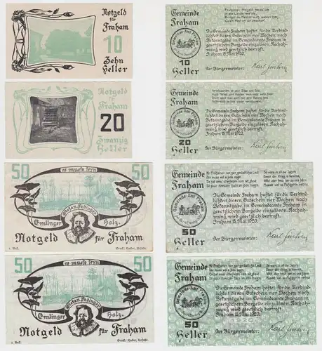 4 Banknoten 10 bis 50 Heller Notgeld Gemeinde Fraham (146287)