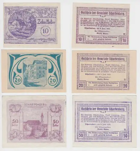 3 Banknoten 10 bis 50 Heller Notgeld Gemeinde Schardenberg 1920 (140182)