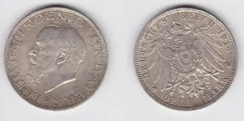 3 Mark Silbermünze Bayern König Ludwig III 1914 Jäger 52 (154621)
