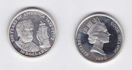 10 Dollar Silbermünze Cook Inseln 1990 500 Jahre Amerika Schiff Kolumbus(118545)