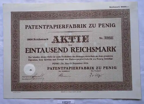 Aktie Patentpapierfabrik zu Penig 15.Dezember 1928 (117317)