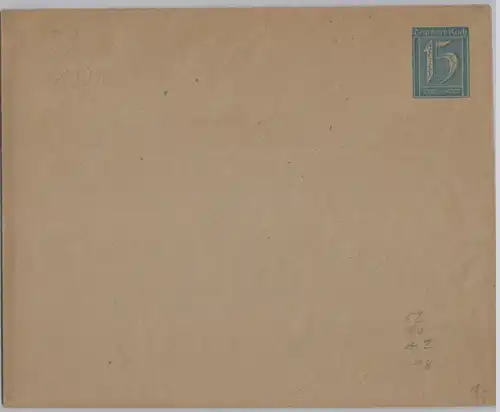 900129 DR Ganzsachen Umschlag PU mit 15 Pfennig Marke 1921